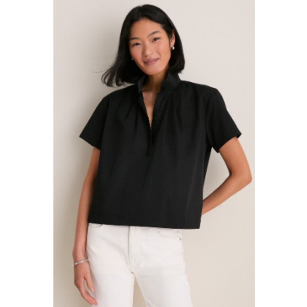 Tuckernuck Top Small, Black Finn Popover Relaxed Fit Short Sleeve Classic Blouse